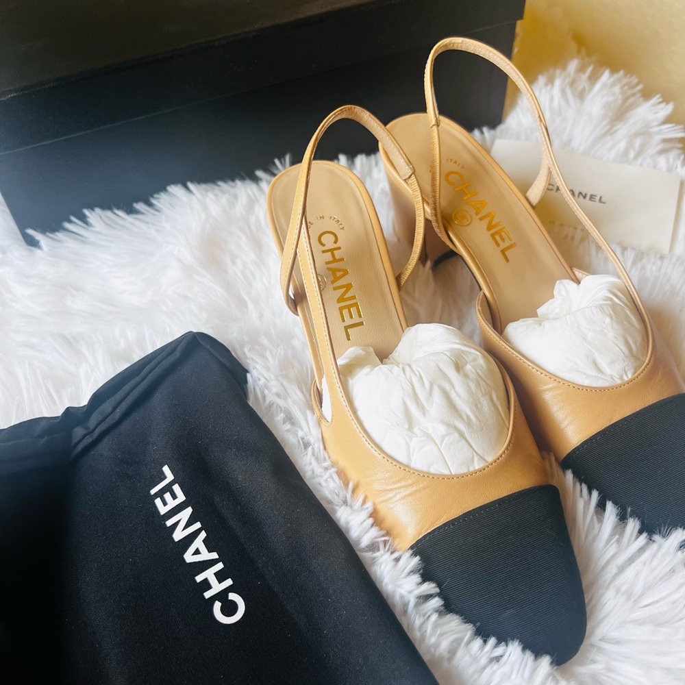 Chanel Women's Classic Beige and Black Slingback Shoes